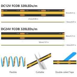 8mm Width COB LED Strip Black PCB DC12V 24V 320LEDs/m 3000K 4500K 6000K High Density Uniform Light CRI 90+ Indoor Decor 1M-20M