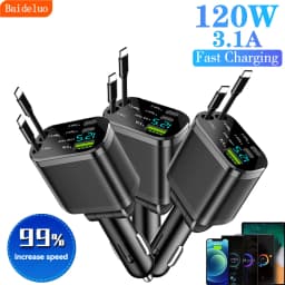 Elough Retractable Car Charger 5 in 1 Fast Charging Car Charger Retractable Cable 2 type c Ports Car Charger Adapter Compatible