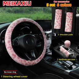 5PCS Winter Plush Leopard Print Car Steering Wheel Cover Handbrake Cover Gearshift Cover Shoulder Guard Cover Rimless