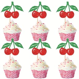 12/24pcs Cherry Cupcake Toppers Red Glitter Fruit Theme Sweet Cherry Cupcake Picks Cherry Theme Birthday Party Cake Decoration