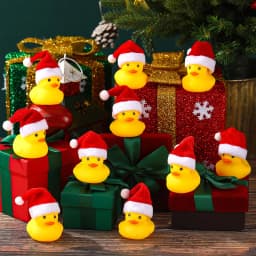 Christmas Rubber Ducks with Christmas Hats - Small, Yellow, Floating, Squeaky Bathtub Toys for Girls Boys Shower
