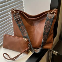 Retro PU Material Women's Bucket Tote Bag Set, Adjustable Wide Strap for Daily Need with Fashion Zipper Closure Polyester Lining