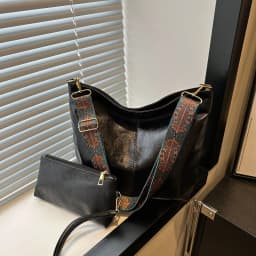 Retro PU Material Women's Bucket Tote Bag Set, Adjustable Wide Strap for Daily Need with Fashion Zipper Closure Polyester Lining