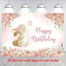2D Flat, 1 Flower Rabbit Girl Birthday Background - Watercolor Bohemian Flower and Easter Rabbit Design
