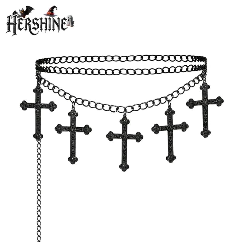 HERSHINE Women's Black Fashion Cross Double Layer Waist Chain, Y2K Gothic Retro Harajuku Punk Style Cosplay,spring,summer