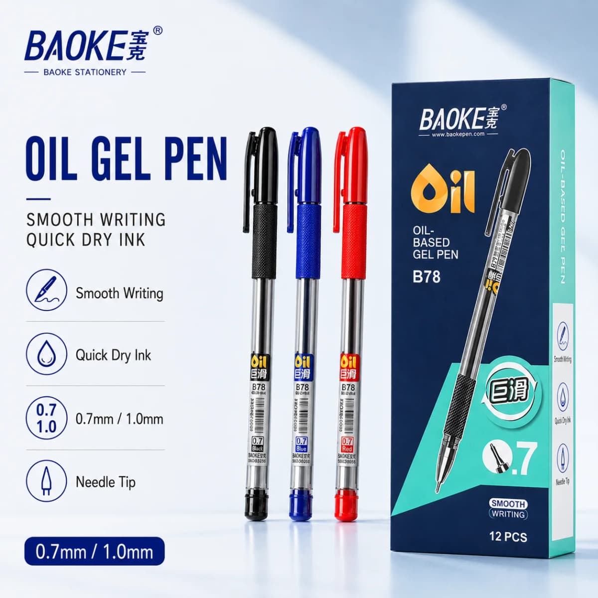 BAOKE 0.7mm/1.0mm Oil-based Ballpoint Pen Needle Tip Black Blue Red Smooth Writing Receipt Pen Comfortable Grip