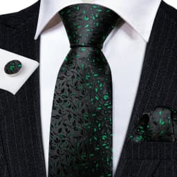 Luxury Mens Ties Set Black Green Leaves Floral Neck Tie Handkerchief Cufflinks Set Wedding Business Party