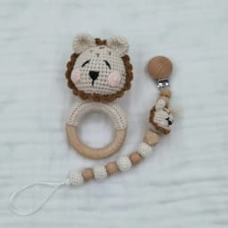 Amigurumi Crochet Lion Baby Teether kawaii Stuffed Animal Doll Beech Wood Newborn Teether Ring Pacifier Clip Baby Birth Gift Box