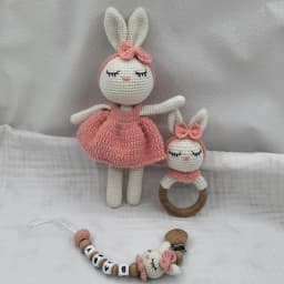 Amigurumi Crochet Lion Baby Teether kawaii Stuffed Animal Doll Beech Wood Newborn Teether Ring Pacifier Clip Baby Birth Gift Box