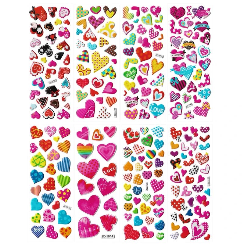 8sheets 3D Cartoon Sweet Hearts Stickers for Girls Kids Birthday Gift Scrapbooking Teachers Reward Heart Shape DIY Sticker Toys