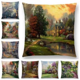 Home Decor Rustic Oil Painting Cushion Cover Beautiful Landscape Castle Lighthouse Sofa Pillow Bedroom