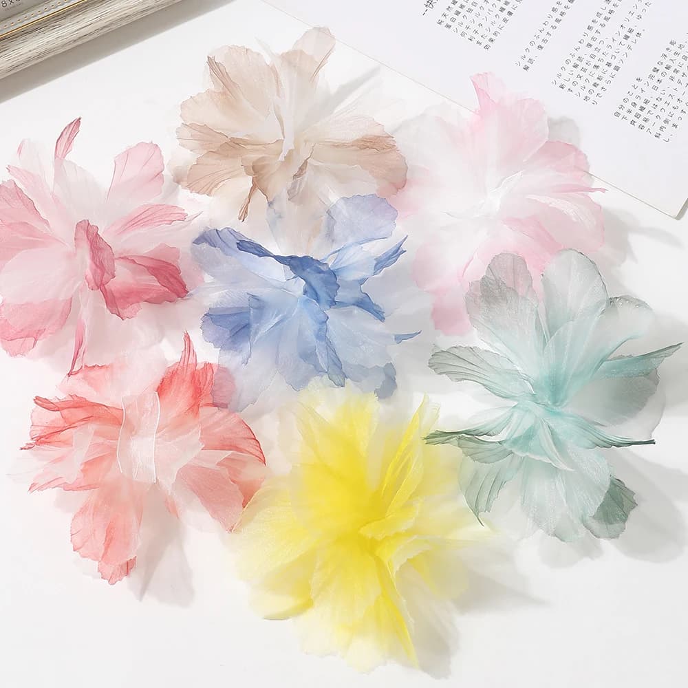 5PC 3D Organza Artificial Flowers Head For Home Wedding Decoration Gradient Bridal Headwear DIY Clothing Making Hair Accessories