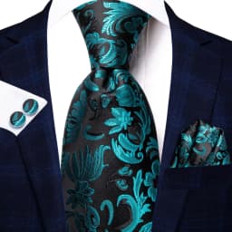Floral Teal Blue Luxury Designer Wedding Tie For Men Handky Cufflink Mens Necktie Fashion Business Party silk Dropship Hi-Tie