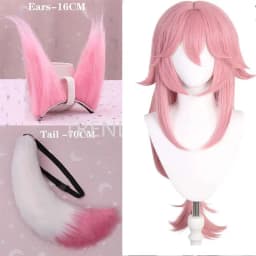 Yae Miko Plush Tail Ear Wig Pink Fox Handmade Cosplay Props Pink Fox Ears Tail Wig