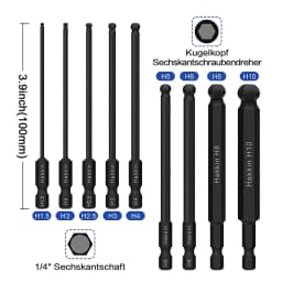 9Pcs 100mm Ball End Screwdriver Bits Hex Head Allen Wrench Drill Bit 1/4 Inch Hex Shank Magnetic Tip Hex Key Socket Driver Bits