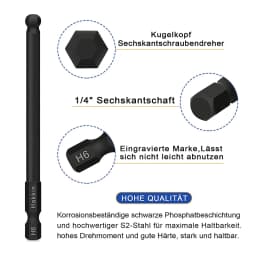 9Pcs 100mm Ball End Screwdriver Bits Hex Head Allen Wrench Drill Bit 1/4 Inch Hex Shank Magnetic Tip Hex Key Socket Driver Bits