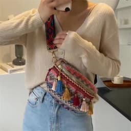 Waist Bags for Women Leisure Canvas Geometric Fanny Pack for Girls Crossbody Embroidered Chest Bag Belt Tassel Waist Packs