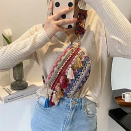 Waist Bags for Women Leisure Canvas Geometric Fanny Pack for Girls Crossbody Embroidered Chest Bag Belt Tassel Waist Packs