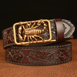 SupSindy Men Genuine Leather Belt Luxury Scorpion Metal Automatic Buckle Cowhide Belts for Men Jeans Waistband Male Strap Black