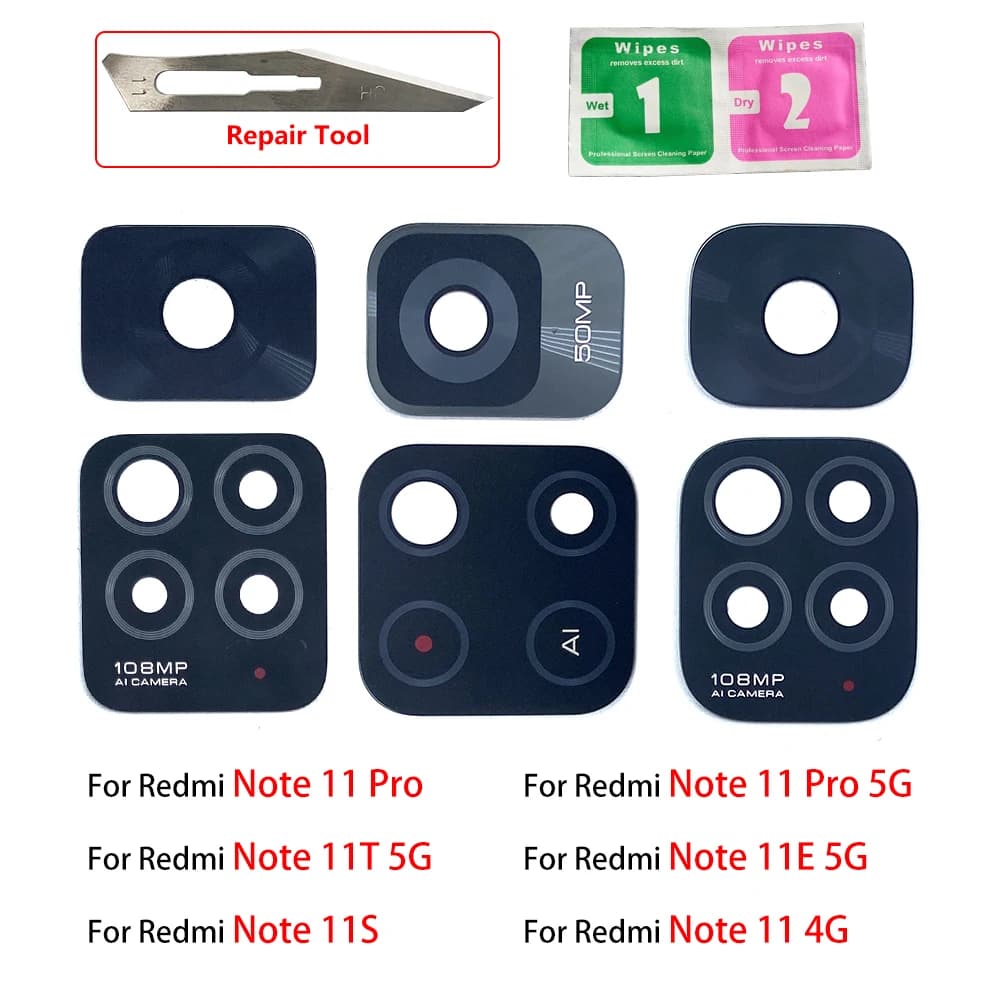 Rear Back Camera Glass Lens For Xiaomi Redmi Note 11 Pro+Plus 5G 11T 5G 11S 11E Camera Glass With Glue Adhesive + Repair Tools