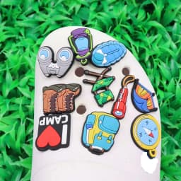 1-10PCS PVC Shoe Charms Camp Telescope Chair Flashlight Sleeping Bag Backpack Compass Buckle Clogs Hole Slipper Decoration Gift