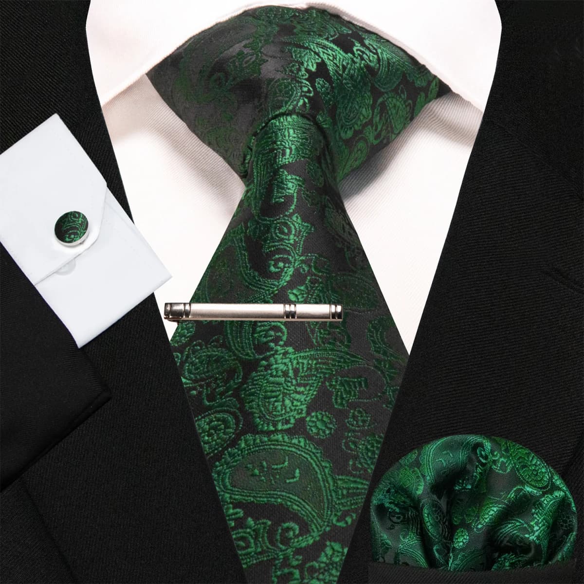 Blue Green Paisley Neck Ties For Men Luxury 8cm Wide Silk Wed Tie Pocket Square Cufflinks Tie Clips Set Christmas Gifts For Men