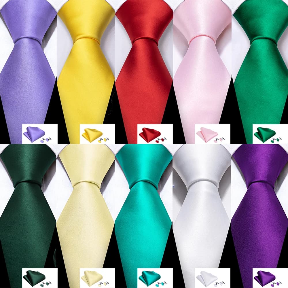 100 Colors Solid Silk Men Tie Set Red Blue Pink Gold Purple Green Teal Burgundy Yellow Wedding Necktie Handkerchief Cufflinks