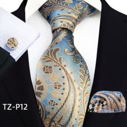 Floral Blue Ties For Men Wedding Party Business Man Tie Handkerchief Brooch Cufflinks Set Men Accessories Gravata
