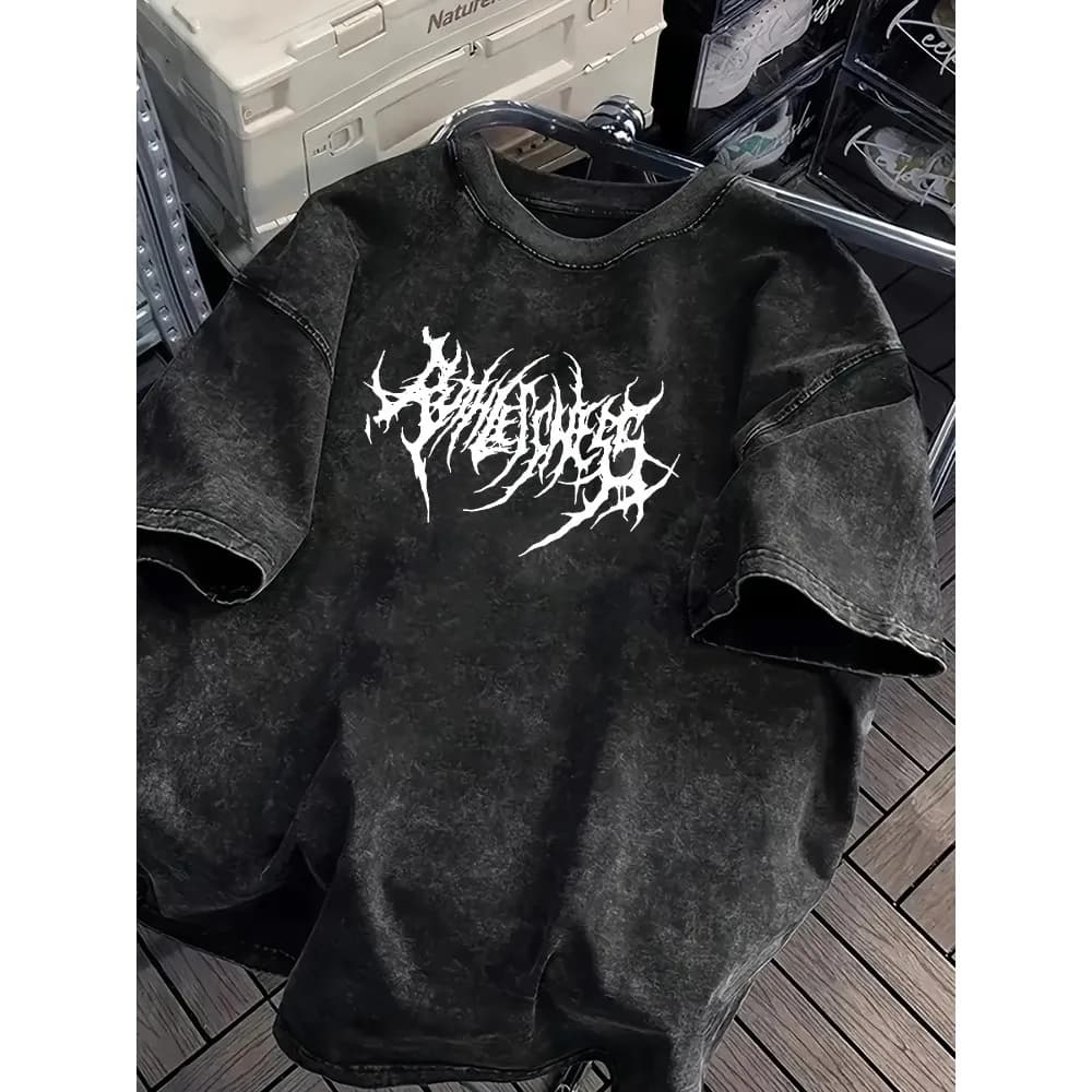 Vintage Acid Wash Powerfulness Gothic Metal Font Graphic T-Shirt Oversized Streetwear Casual Cotton Tops for Men Women