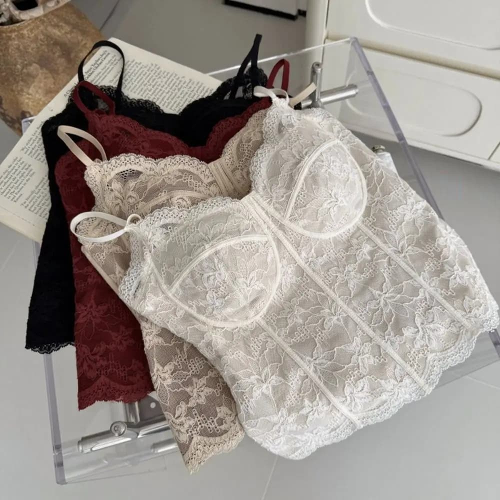 Chic Mesh Flower Slim Lace Crop Top Bottoming Shirt Sweet Girl's Vest Top Spicy Girls Style Summer Camisole with Pads Women