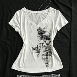 Skeleton crop top with independent pattern printed short sleeved T-shirt for women, 2000s Aesthetic Mall Goth E-girl Gothic T-sh
