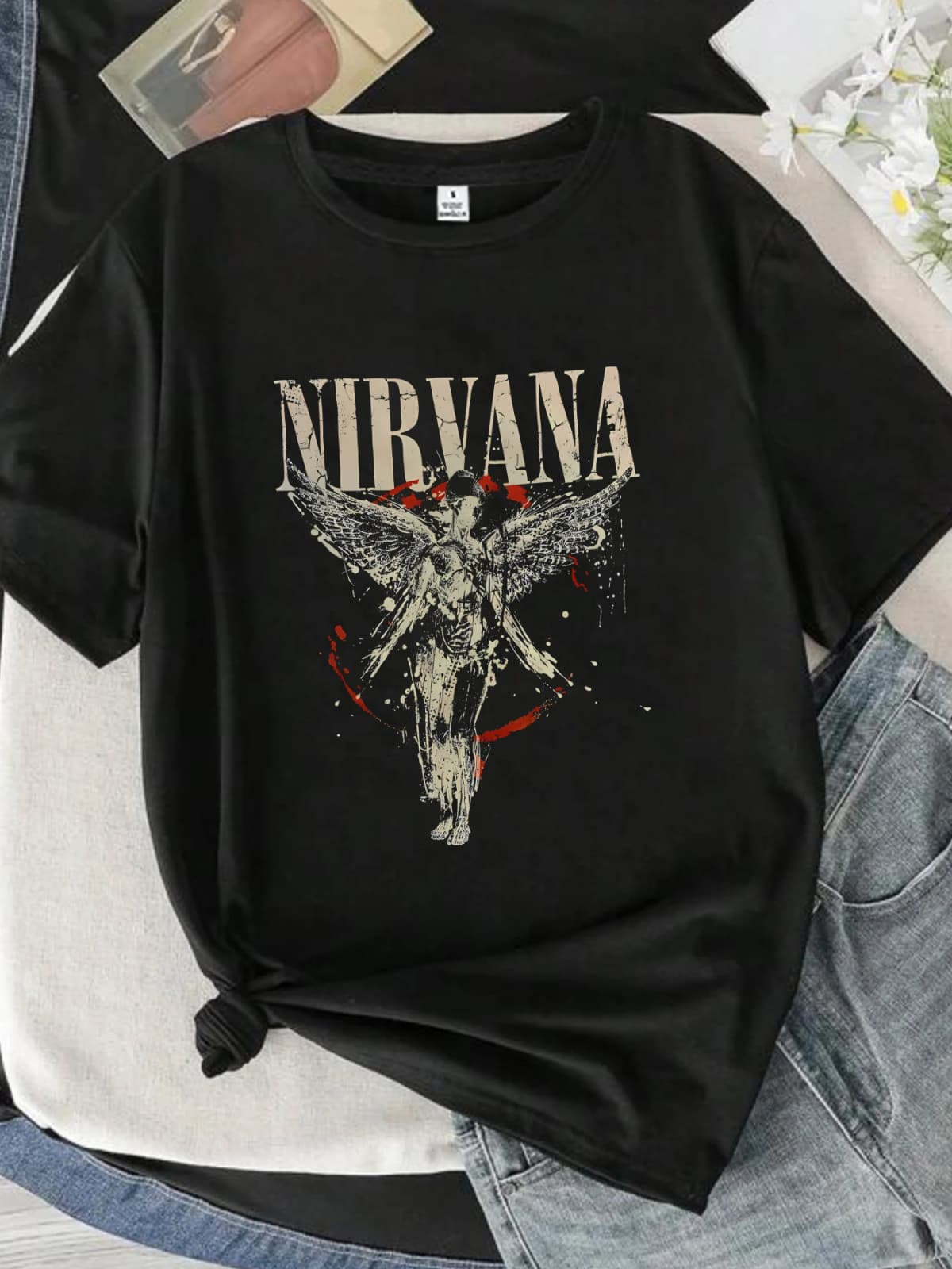 【0933】 Letters and angels Round neck women's T-shirt short sleeves fashion printed half-sleeve top elastic T-shirt