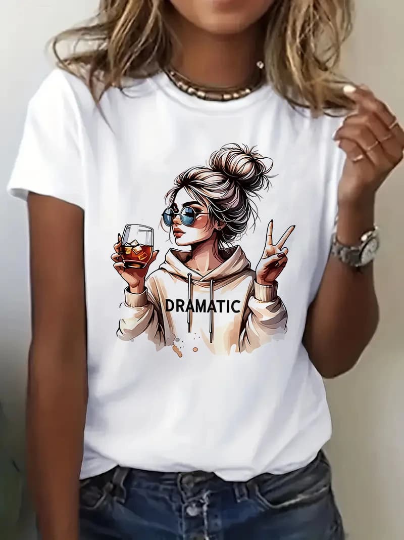 Streetwear 90s Women'S Casual Graphic T-Shirt "Dramatic" Print with Wine Print Short Sleeve T Shirt Clothing Top Tee