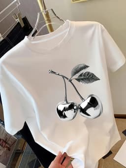 Golden Cherry Print Women Short Sleeve T-Shirt Stylish Casual Tee a Sense of Elegance Versatile Top for Women Minimalist Design