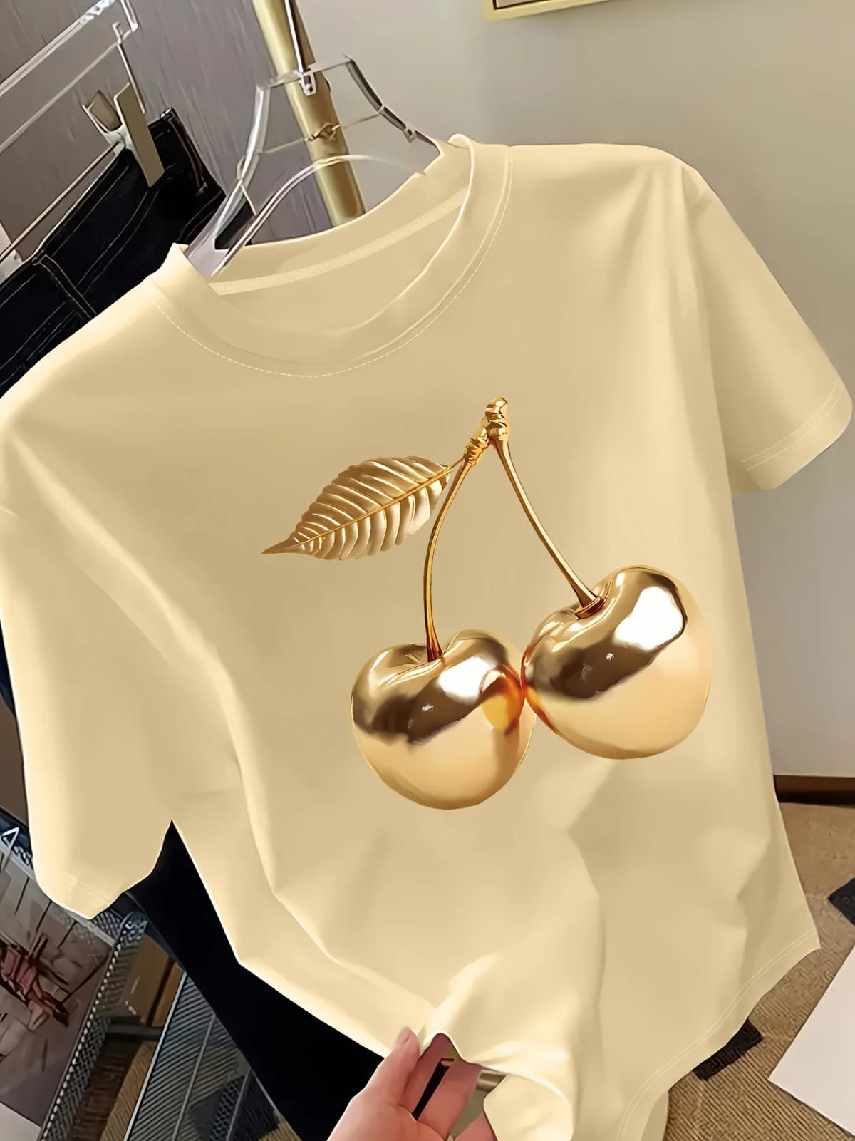 Golden Cherry Print Women Short Sleeve T-Shirt Stylish Casual Tee a Sense of Elegance Versatile Top for Women Minimalist Design