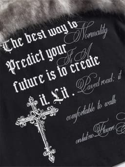 2026 Summer Women Y2K Grunge Goth Streetwear Sexy Faux Fur Trim Cross Letter Print Slim Fit Cropped Halter Neck Cami Tank Top