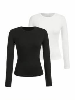 Women's solid-color long-sleeved T-shirt - Polyester knitted fabric, round neck, regular fit, fall-winter style