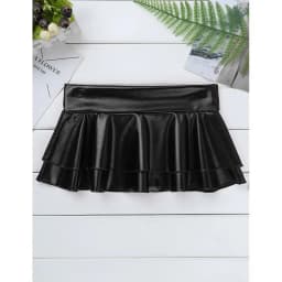 Solid Color Women Faux Leather Micro Mini Skirt Double Tier Ruffle Low Rise Shiny Metallic Ultra Short Skirt Festival Nightclub