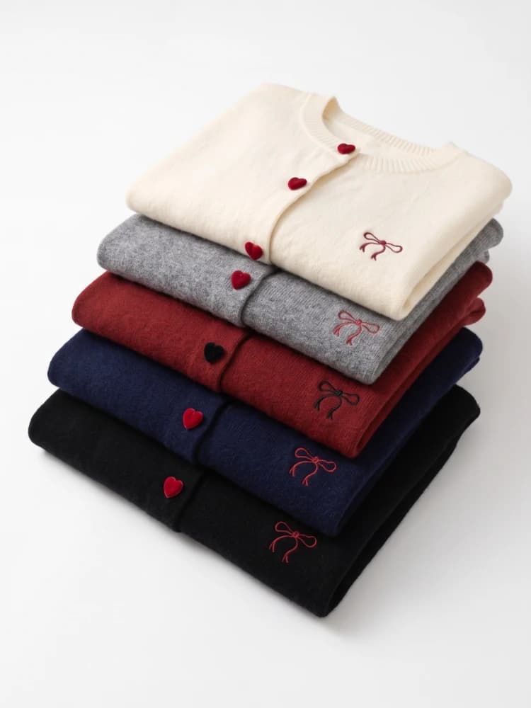 2026 Autumn O-Neck Single Breasted Heart Button Sweater Bow Embroidery Knitted Women Cardigan Korean Casual Tops Woman Clothes