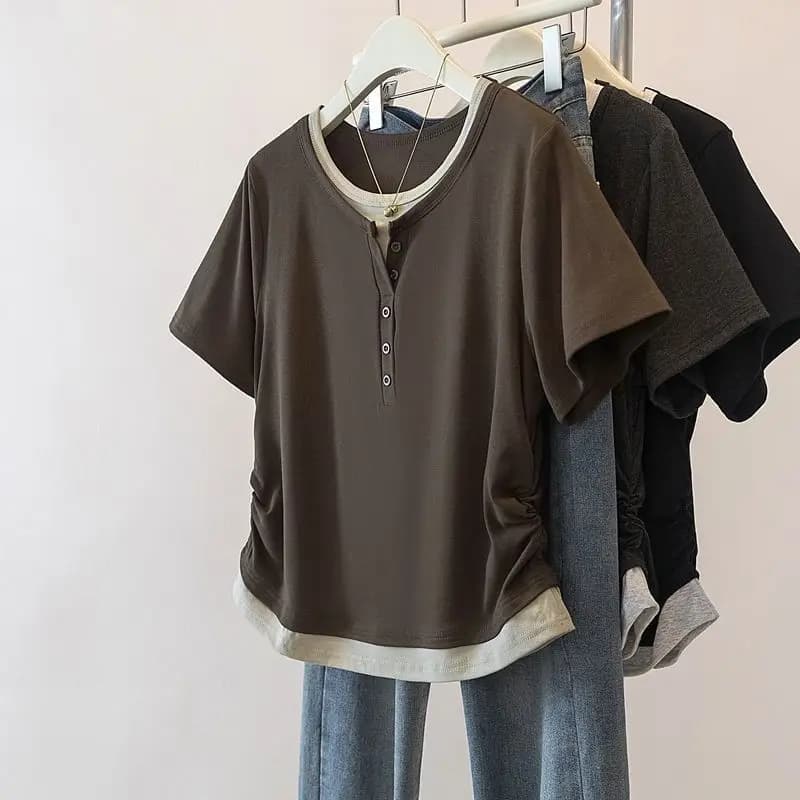 Large size women's clothing spring and summer best-selling splicing versatile contrasting color round neck short-sleeved t-shirt