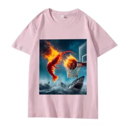 Shrimp Dunking on Shark Graphic Tee Retro Fishing Meme TShirt Women Short Sleeve Summer Tops Aesthetic Clothes Summer Streetwear