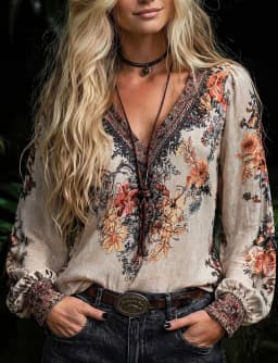 Plus-Size Women's Bohemian Style Printed V-Neck Long-Sleeve Shirt, Regular Fit Woven Fabric, Suitable for Autumn Wear
