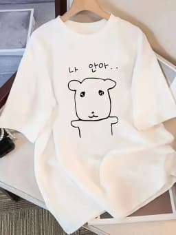 New Summer Elegant Women'S Loose Drop Shoulder Round Neck T-Shirt Short Sleeve, Japanese And Korean Style Cartoon Puppy