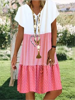 Summer-Essential V-Neck Dress: Striped & Polka Dot, Knee-High Casual Tunic for Women - Durable,Easy-Care Fabric