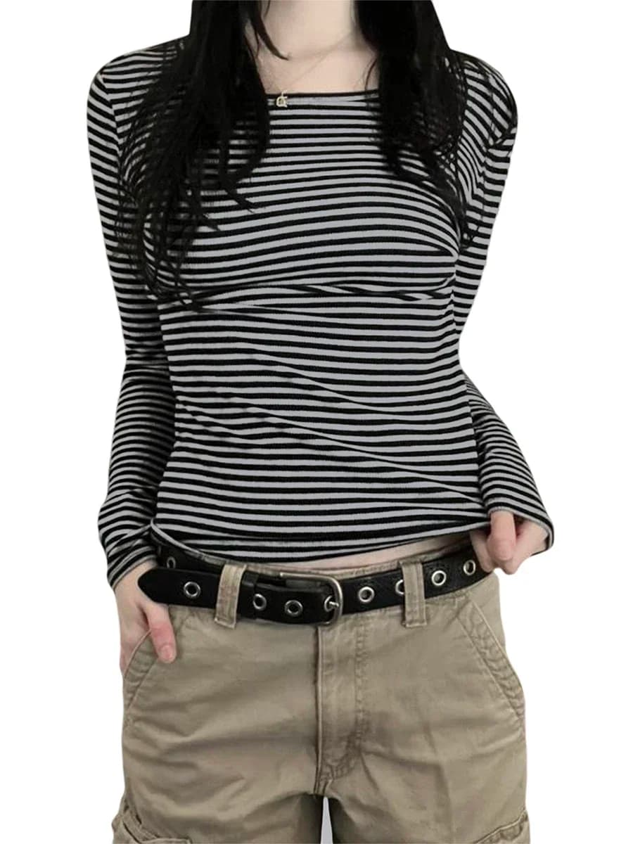 Long Sleeve Shirts for Women Fashion Casual Basic Crew Neck Striped Slim Fit T-shirt Going Out Blouses Y2K Vintage Tight Shirts