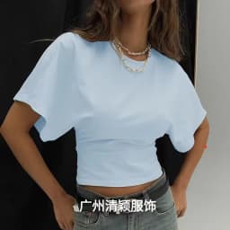 Women's T-shirts Crew Neck Ruched Waist Slim Fit Solid Color Casual Cropped Tee Summer Streetwear Basic Daily Wear Top