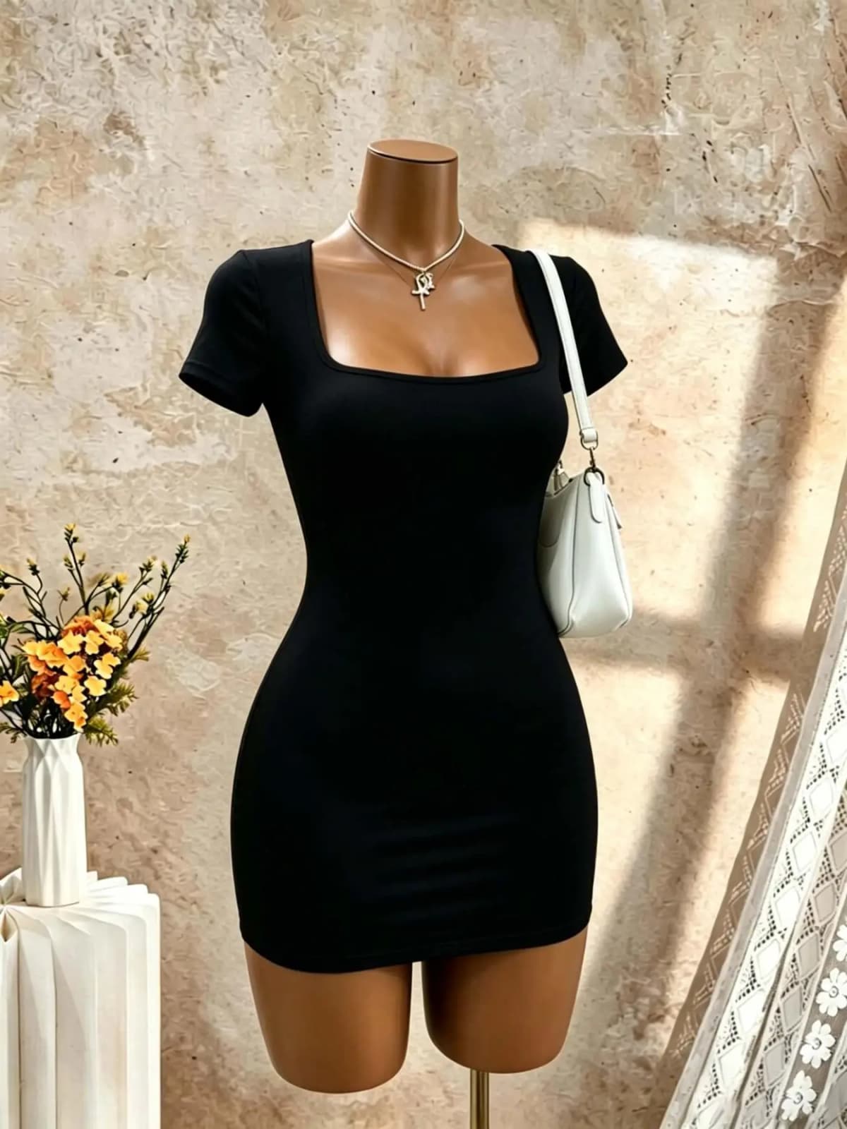 Women Square Neck Short Sleeve Bodycon Mini Dress Solid Black Slim Fit Pencil Club Party Night Out Tight Short Dresses
