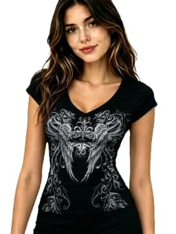 Y2K Gothic Women Fitted Short Sleeve Tee Black V‑Neck Lace Lining Angel Wing Cross Rhinestone Scroll Pattern Grunge Aesthetic Ca