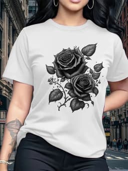 Rose Print T-shirt Women Round Neck T-Shirt Simple Design Versatile Suitable for Daily Leisure Showing Natural Elegant Style