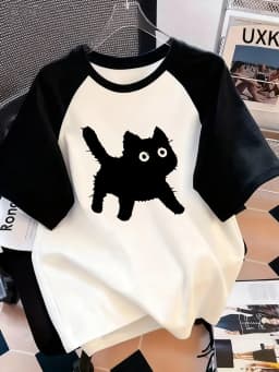 Kawaii T Shirt Retro Black Cat Letter Print Crew Neck T-Shirt Casual Short Sleeve Top for Spring Summer Women's Clothing